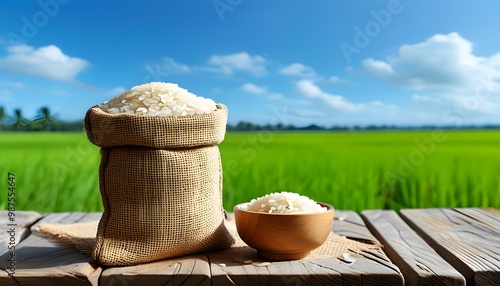 Rustic rice display in burlap and bowl with vibrant green fields and blue sky backdrop photo