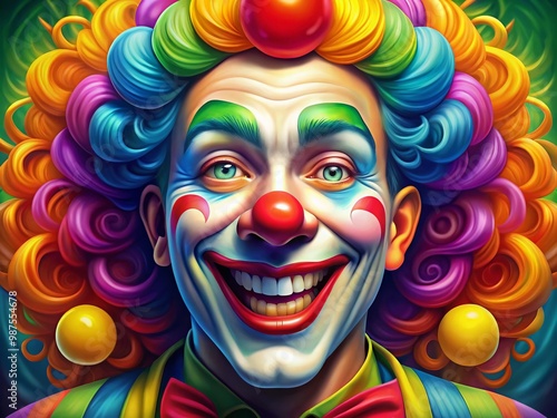 Colorful cartoon clown face with big smile, bright colors, and playful expression, fun art illustration