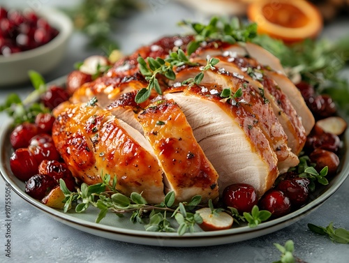 Sliced roasted turkey on a platter with garnishes photo