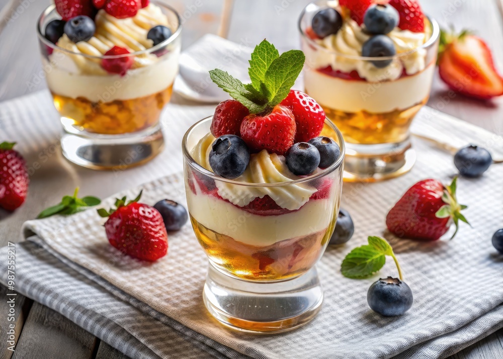 Sweet cream-topped berries drizzle with hint of limoncello on crisp white linen, a delicate dance of flavors and textures. Sweet cream-topped berries drizzle with hint of limoncello on crisp white linen, a delicate dance of flavors and textures.