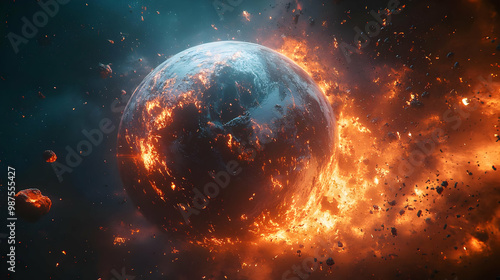 An explosive visualization of a planet engulfed in flames amidst cosmic chaos, representing destruction and transformation.