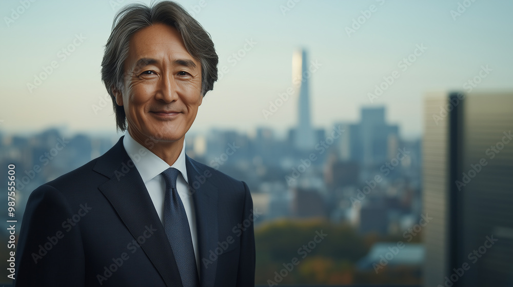 Smiling Senior Japanese Businessman in a Suit Posing Against Blurred Cityscape Background - Professional Portrait Smiling Senior Japanese Businessman in a Suit Posing Against Blurred Cityscape Background - Professional Portrait