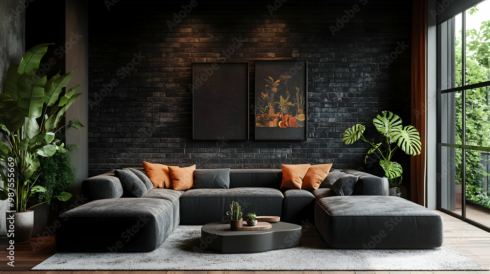 Modern Living Room with Black Brick Wall and Grey Sectional Sofa - 3D Illustration Modern Living Room with Black Brick Wall and Grey Sectional Sofa - 3D Illustration