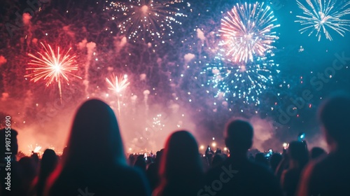 photo stock of a vibrant New celebration, with fireworks exploding in the night sky as a crowd gathers to watch  photo