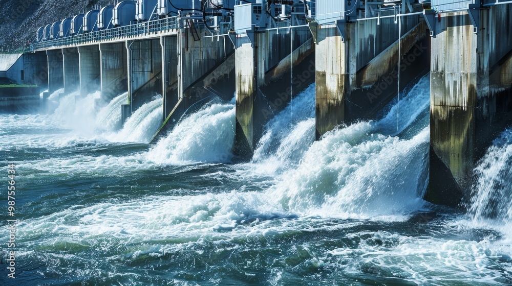 Hydroelectric dam showcasing turbines in action, harnessing river energy for clean power generation Hydroelectric dam showcasing turbines in action, harnessing river energy for clean power generation