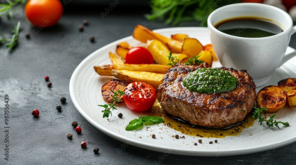 Savory meat dish with vibrant vegetables and crispy French fries drizzled in green sauce, accompanied by a steaming cup of coffee on a tidy table setting Savory meat dish with vibrant vegetables and crispy French fries drizzled in green sauce, accompanied by a steaming cup of coffee on a tidy table setting
