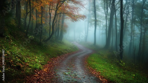 A misty forest path lined with colorful autumn leaves in a tranquil woodland during early morning hours