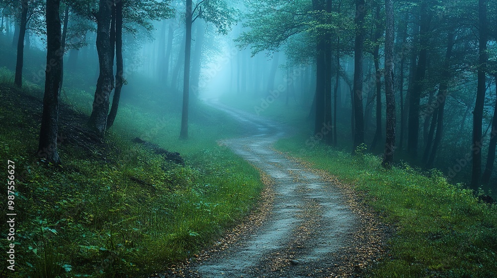 Fototapeta premium A misty forest path lined with colorful autumn leaves in a tranquil woodland during early morning hours