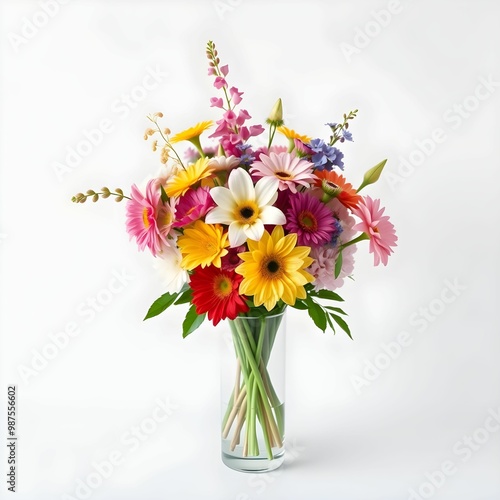 Vibrant mixed flower bouquet in clear vase on white background