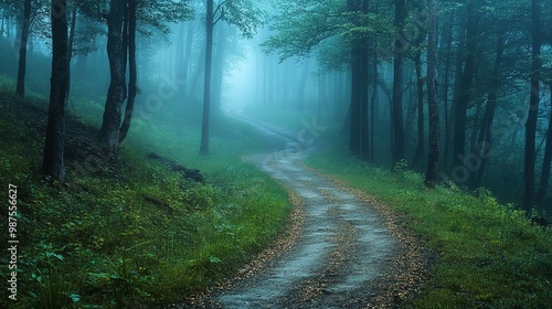 A misty forest path lined with colorful autumn leaves in a tranquil woodland during early morning hours