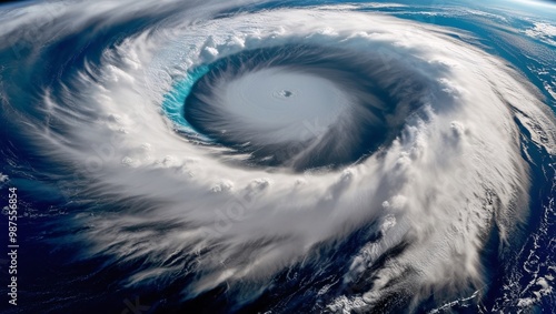 Satellite view showing the eye of a powerful typhoon spinning over the ocean, with spiral bands of clouds extending outward photo