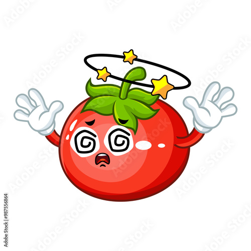 Dizzy cartoon tomato with a shocked expression, spinning stars above its head.