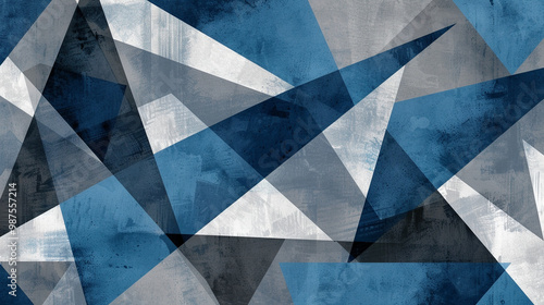 Modern geometric shapes in blue and gray – abstract pattern with sharp lines and triangles, professional and sleek corporate vibe.