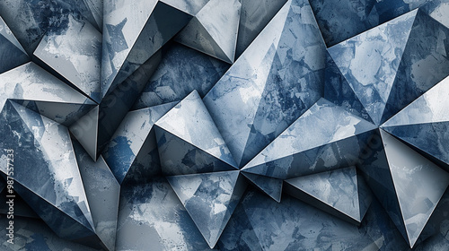 Modern geometric shapes in blue and gray – abstract pattern with sharp lines and triangles, professional and sleek corporate vibe.