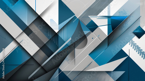 Modern geometric shapes in blue and gray – abstract pattern with sharp lines and triangles, professional and sleek corporate vibe.