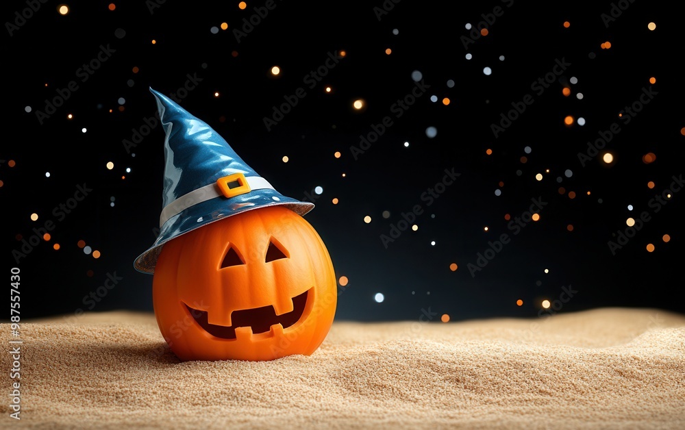 Naklejka premium Halloween pumpkin with wizard hat on sandy background, magical atmosphere.