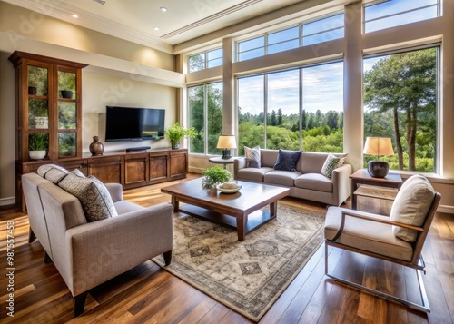 The living room boasts ample space, tall windows, a plush rug, and cozy chairs arranged cozily in front of a sturdy TV stand.