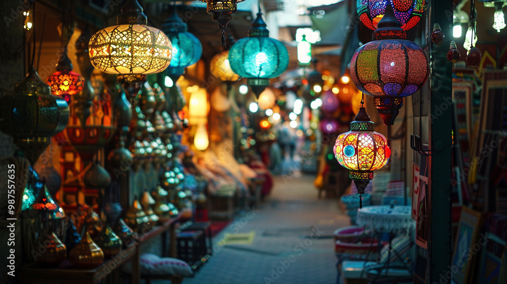 Obraz premium Old Arabic market street with hanging lanterns – narrow street filled with traditional shops, colorful lanterns hanging from above, lively and vibrant atmosphere.