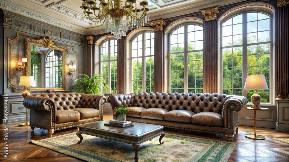 The ornate, tufted couch stands regally in the spacious living room, bathed in natural light streaming through the large windows and vaulted ceiling. The ornate, tufted couch stands regally in the spacious living room, bathed in natural light streaming through the large windows and vaulted ceiling.