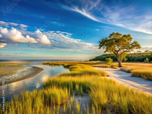 The panoramic view of Botany Bay on Edisto Island unfolds, showcasing a serene sandy beach, swaying marsh grasses, and distant trees stretching towards the horizon. photo