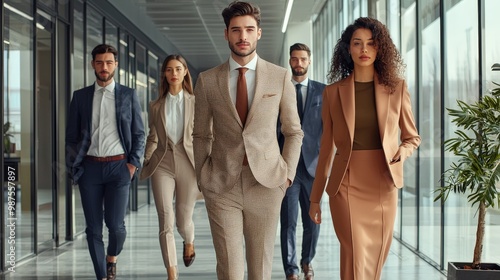 Business professionals in formal attire, including tailored suits and elegant dresses, with a mix of hairstyles and minimalistic accessories, in a modern office setting photo