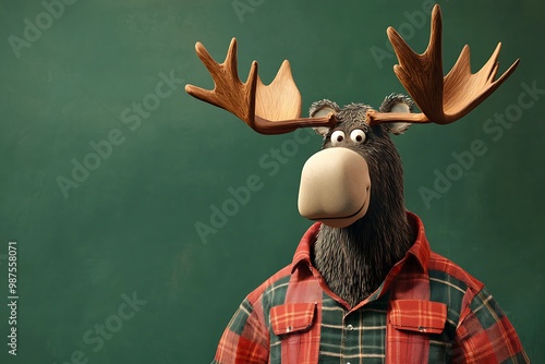 Majestic Moose in Lumberjack Flannel - Rustic Cartoon Character Design in 3D Rendering on Woodland Green Background photo