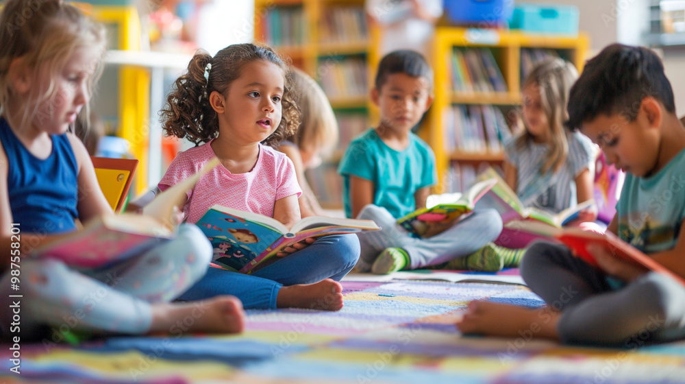 Reading time in a classroom – young students sitting on the floor or at desks, each with a book, colorful classroom environment. Reading time in a classroom – young students sitting on the floor or at desks, each with a book, colorful classroom environment.
