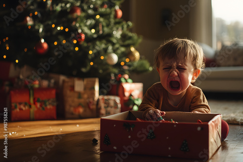 Sad child opening Christmas gifts under the tree, festive holiday atmosphere, winter morning