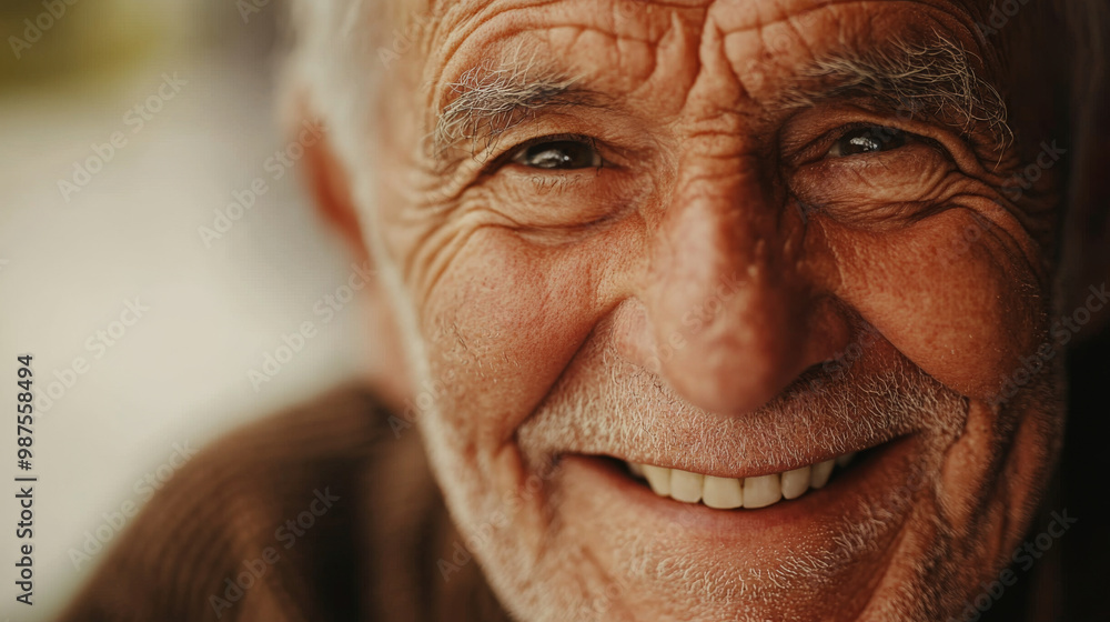 A close-up shot of an elderly man smiling with happiness, showing deep wrinkles and a warm expression A close-up shot of an elderly man smiling with happiness, showing deep wrinkles and a warm expression