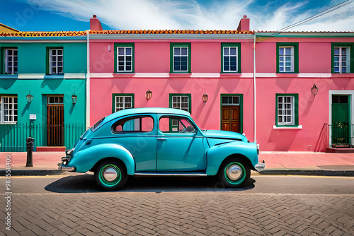 Famous bright color retro car parked by colorful houses in Bo Kaap district in Cape Town. DIGITAL shot generated AI photo