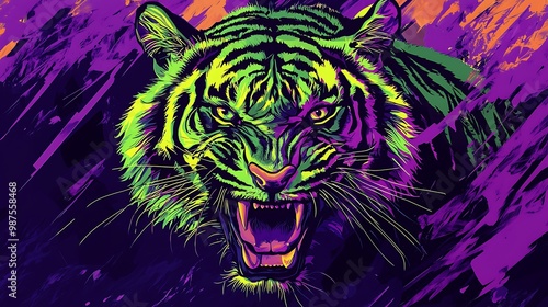 Vibrant Neon Tiger in Bold Graffiti Style on Purple Background with Bright Green Stripes and Fierce Expression photo