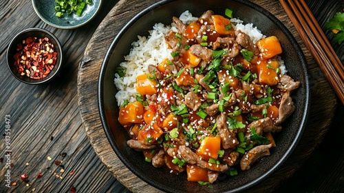 Teriyaki Beef with Pineapple, Rice, and Sesame Seeds in a Black Bowl