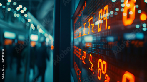 Stock market ticker screen in a trading room – bright digital ticker, blurred background with traders, financial data scrolling. photo