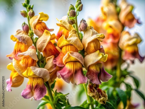 The wilted, brown, and yellow snapdragons sagged against the pale backdrop, their once-vibrant petals now limp and lifeless. photo