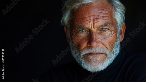 Close-up Portrait of Charismatic Elderly Man with Silver Hair and Beard in Dramatic Lighting