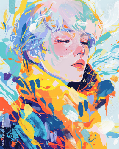 A vibrant and expressive illustration featuring serene figure with colorful abstract elements surrounding them. artwork captures sense of calm and beauty through its dynamic use of color and form