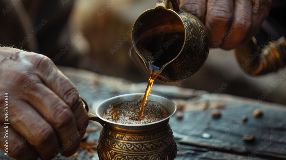 Traditional Arabic coffee being poured from a dallah – close-up of a hand pouring coffee into a small cup from a brass coffee pot, traditional hospitality. Traditional Arabic coffee being poured from a dallah – close-up of a hand pouring coffee into a small cup from a brass coffee pot, traditional hospitality.