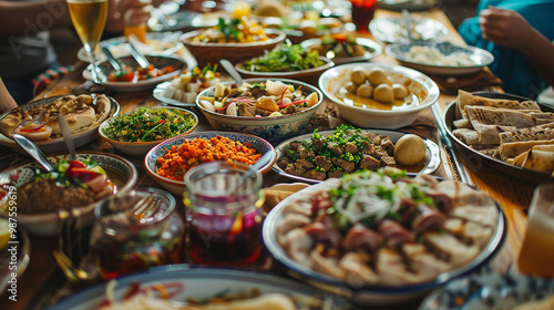 Traditional Arabic feast with mezze and grilled meats – large spread of mezze dishes like hummus, tabbouleh, falafel, and grilled meats on a shared table. photo