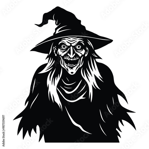 Silhouette art illustration of spooky and scary Halloween witch