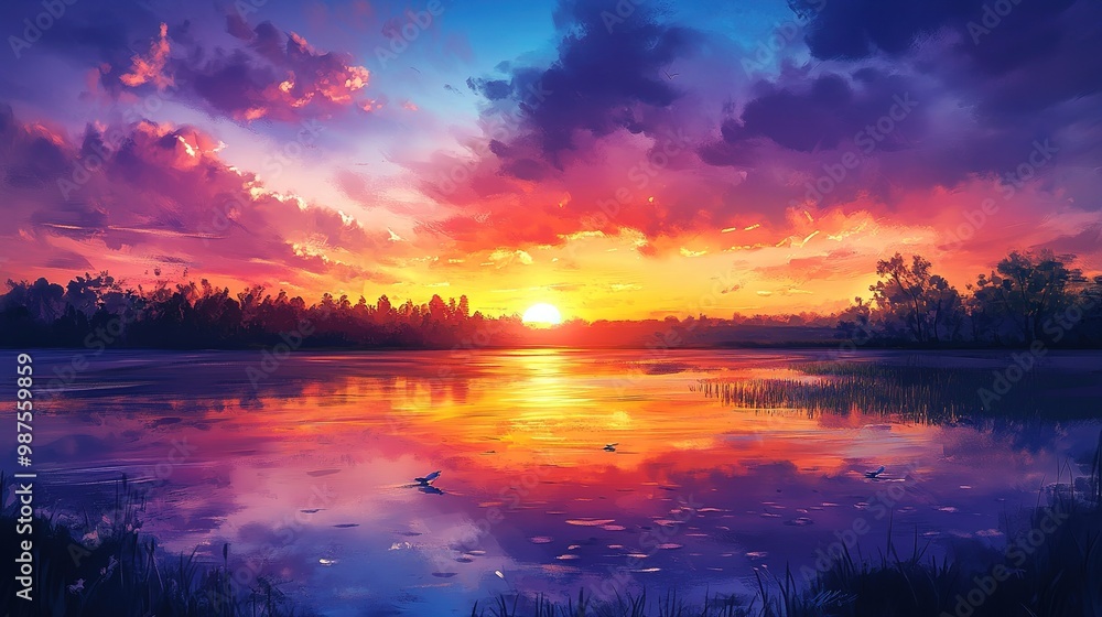 A serene sunset over a tranquil lake surrounded by mountains and pine trees, reflecting vibrant colors in the water A serene sunset over a tranquil lake surrounded by mountains and pine trees, reflecting vibrant colors in the water