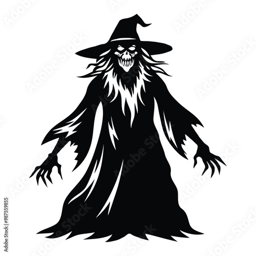 Silhouette art illustration of spooky and scary Halloween witch