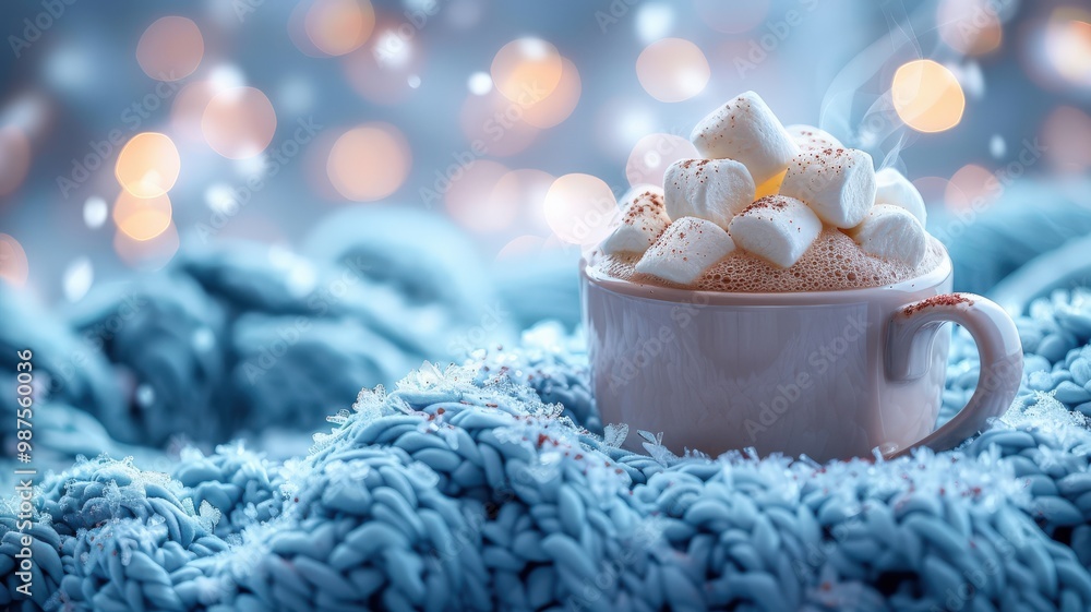 A warm cup of hot cocoa overflowing with marshmallows sits atop a cozy blue knitted blanket. The soft bokeh lighting in the background and delicate snowflakes create a peaceful winter setting perfect A warm cup of hot cocoa overflowing with marshmallows sits atop a cozy blue knitted blanket. The soft bokeh lighting in the background and delicate snowflakes create a peaceful winter setting perfect