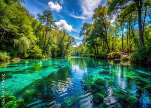 Tranquil Madison Blue Springs boasts crystal-clear waters embraced by vibrant green foliage and towering trees, creating a serene oasis perfect for relaxation and exploration.