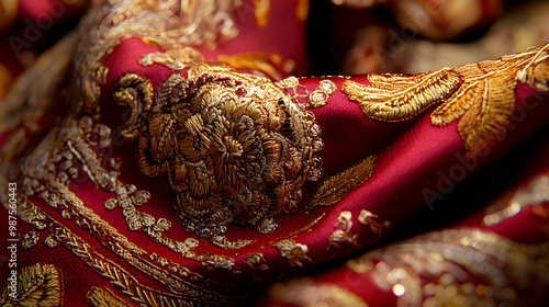 Intricate Embroidery on Red Fabric with Gold Threads photo