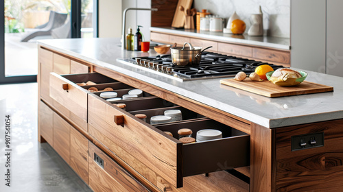 Minimalist kitchen island featuring storage areas, gas stove, and organized drawers. design emphasizes functionality and elegance, perfect for modern cooking spaces