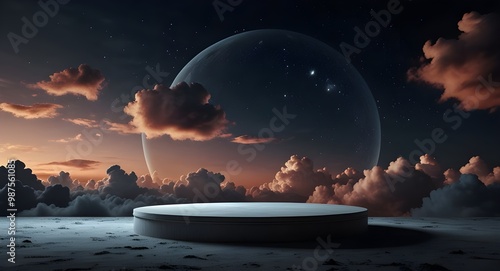 3d render platform and Natural podium background on the high clouds at night for product display, Blank showcase, mock up template or cosmetic presentation with empty round stage 