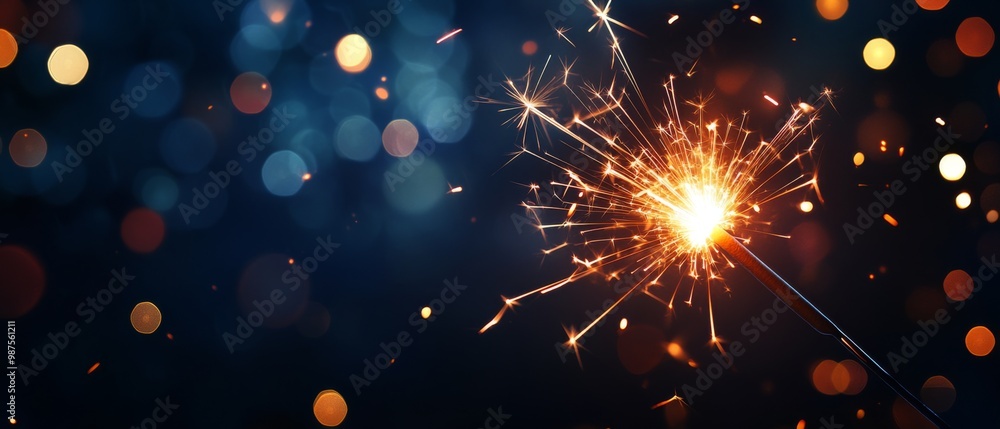 Obraz premium Burning sparkler with bokeh light background, with copy space