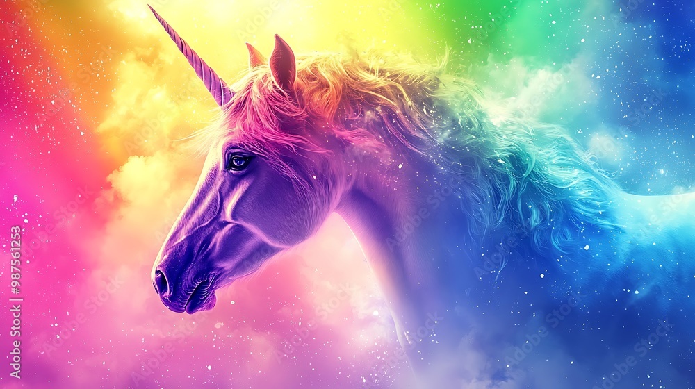 Enchanted Unicorn in a Dreamlike Rainbow Sky - Sparkling Spray Paint Fantasy Art Enchanted Unicorn in a Dreamlike Rainbow Sky - Sparkling Spray Paint Fantasy Art