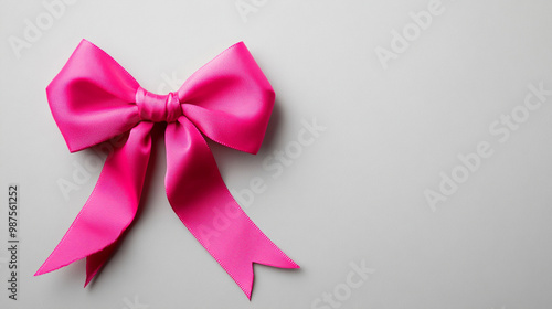 bright pink bow on a light silver background, top view. Flat lay. Mockup for product presentation 