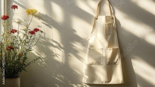 A light-colored apron hangs beside a flower vase in soft sunlight.